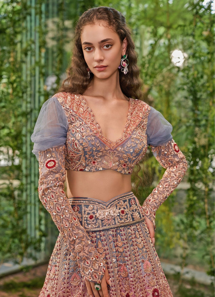 Jigar and Nikita Blue And Pink Shaded Velvet Bridal Lehenga SetFabilicious Fashion