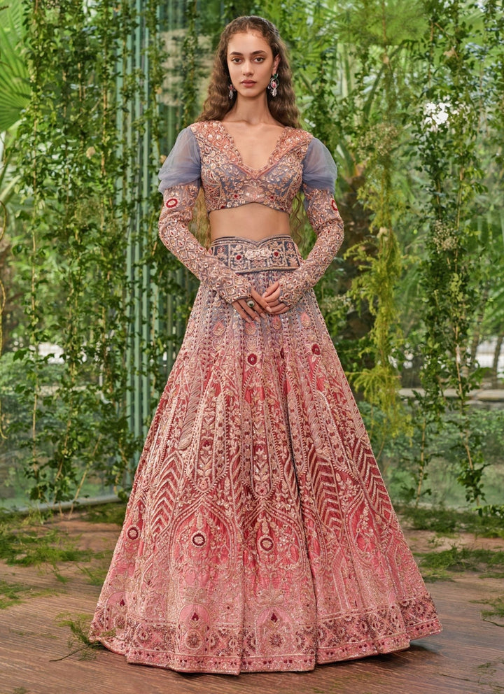 Jigar and Nikita Blue And Pink Shaded Velvet Bridal Lehenga SetFabilicious Fashion