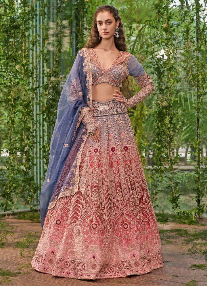 Jigar and Nikita Blue And Pink Shaded Velvet Bridal Lehenga SetFabilicious Fashion