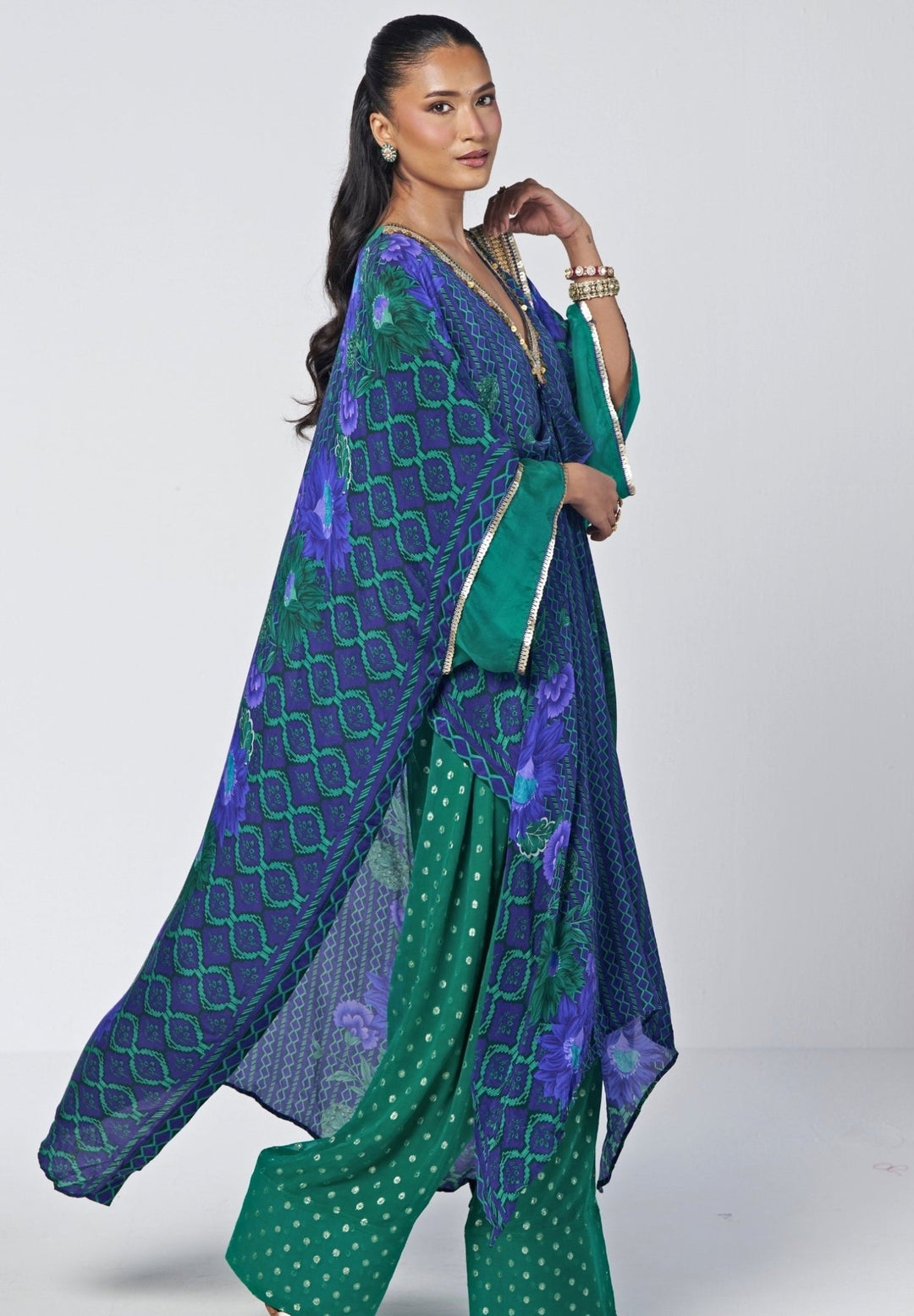 Rishi and Vibhuti Blue And Rama Green Crepe Kaftan Farshi Salwar SetFabilicious Fashion