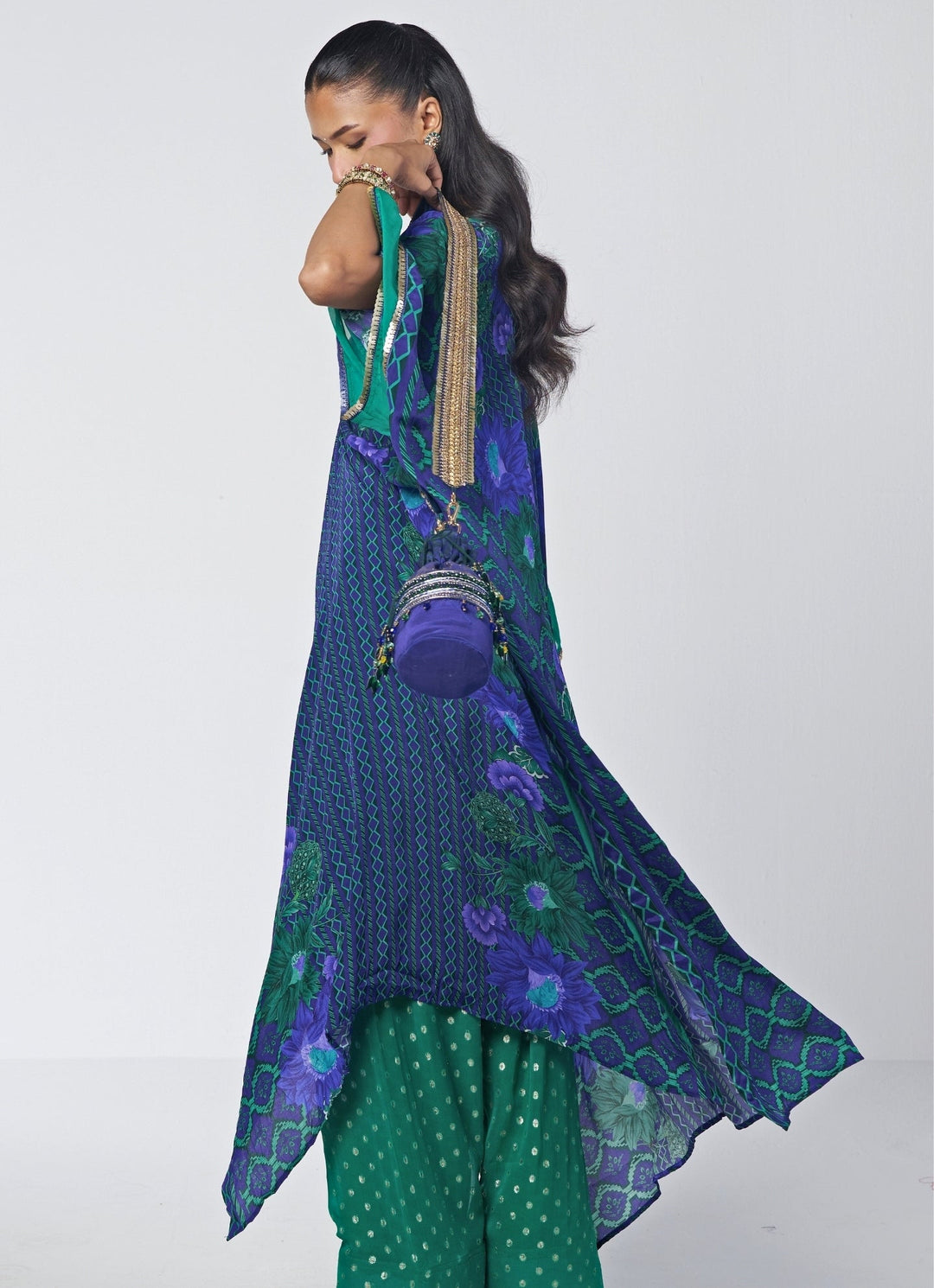 Rishi and Vibhuti Blue And Rama Green Crepe Kaftan Farshi Salwar SetFabilicious Fashion