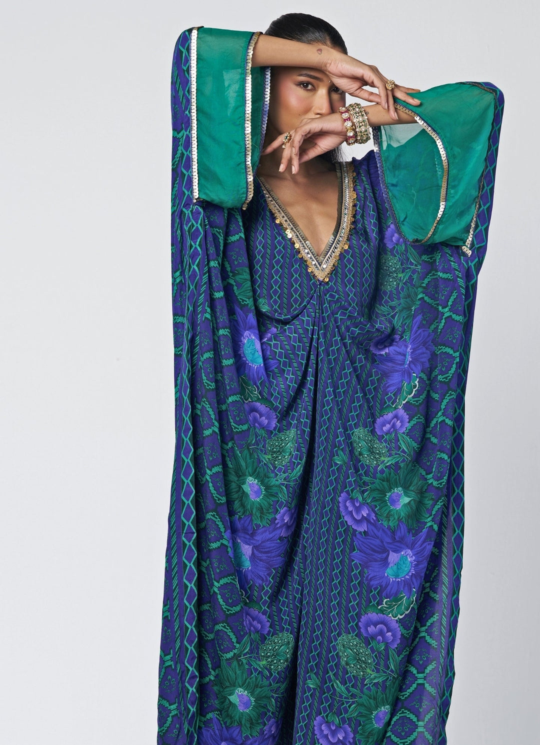 Rishi and Vibhuti Blue And Rama Green Crepe Kaftan Farshi Salwar SetFabilicious Fashion