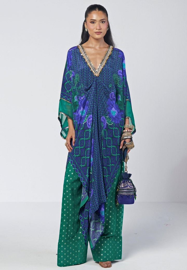 Rishi and Vibhuti Blue And Rama Green Crepe Kaftan Farshi Salwar SetFabilicious Fashion
