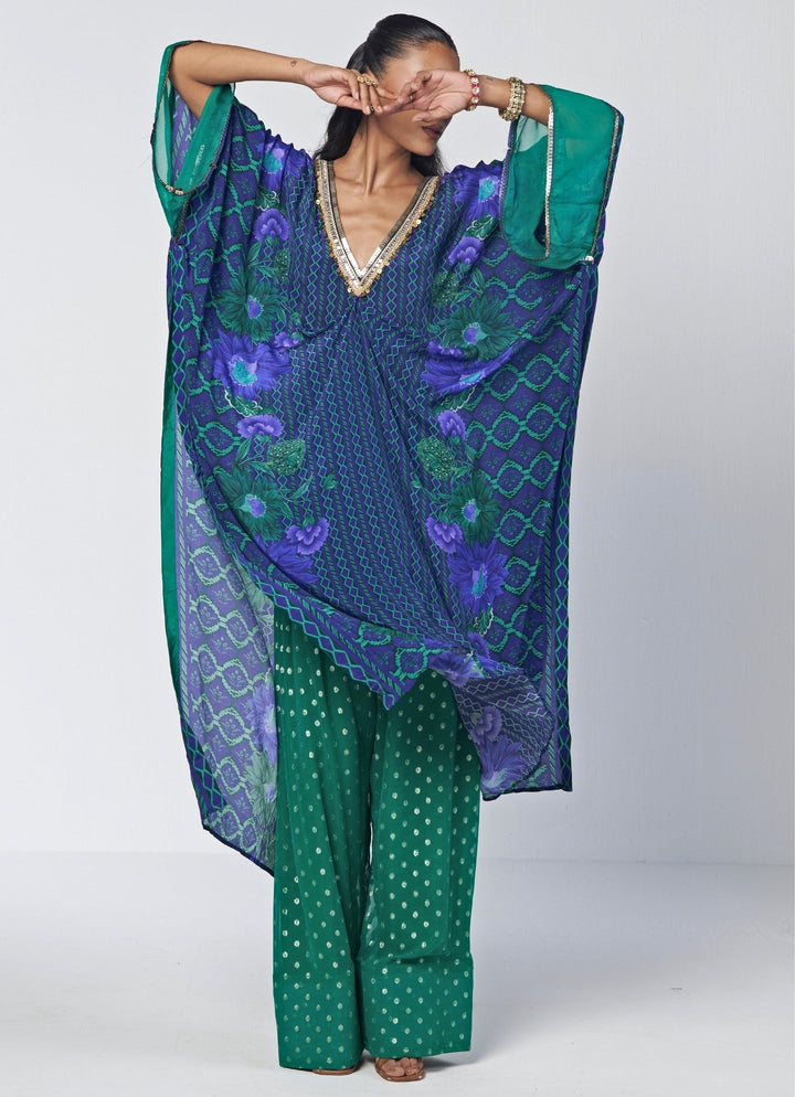 Rishi and Vibhuti Blue And Rama Green Crepe Kaftan Farshi Salwar SetFabilicious Fashion