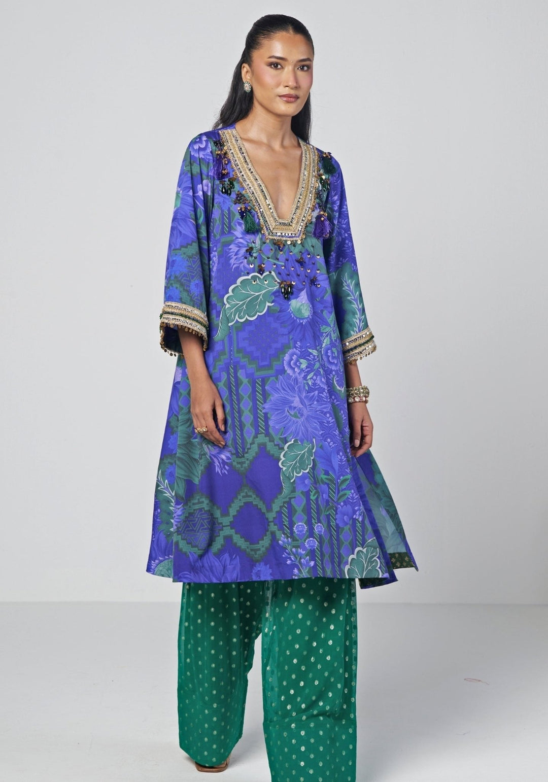Rishi and Vibhuti Blue And Rama Green Crepe Kurta Farshi Salwar SetFabilicious Fashion