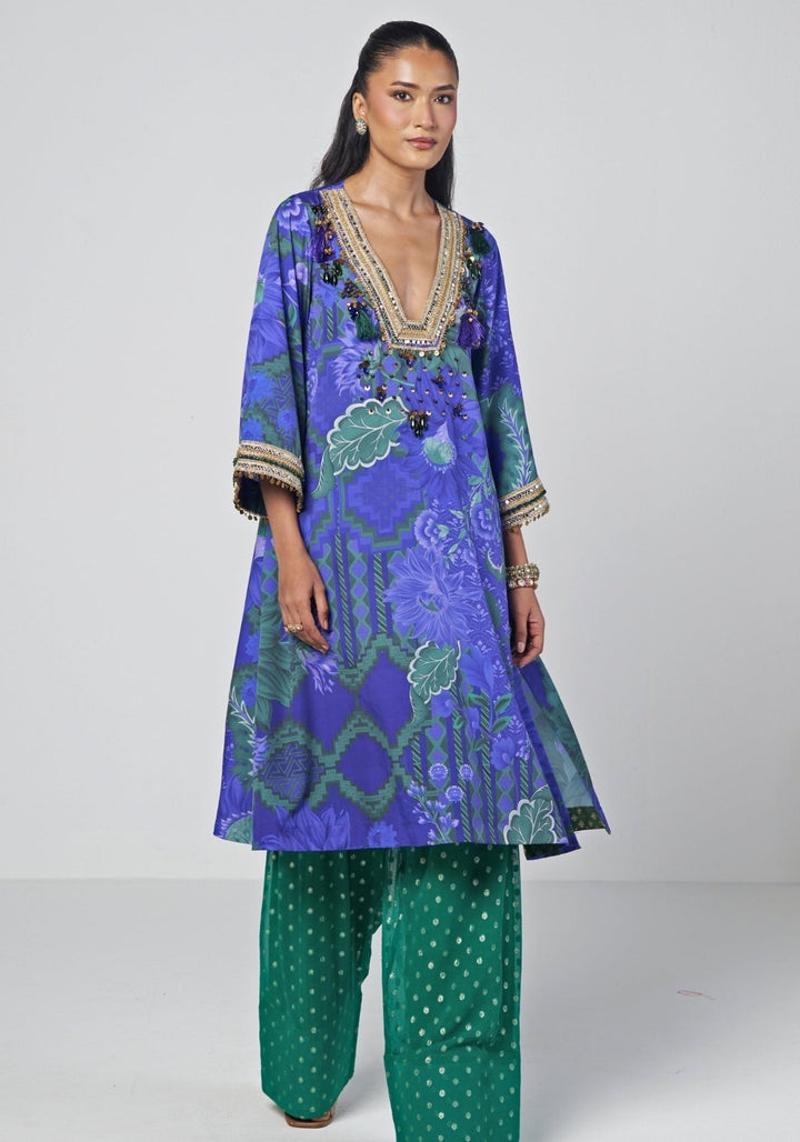 Rishi and Vibhuti Blue And Rama Green Crepe Kurta Farshi Salwar SetFabilicious Fashion