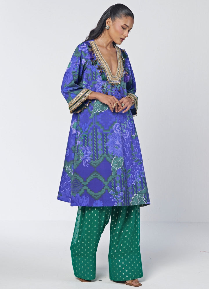 Rishi and Vibhuti Blue And Rama Green Crepe Kurta Farshi Salwar SetFabilicious Fashion