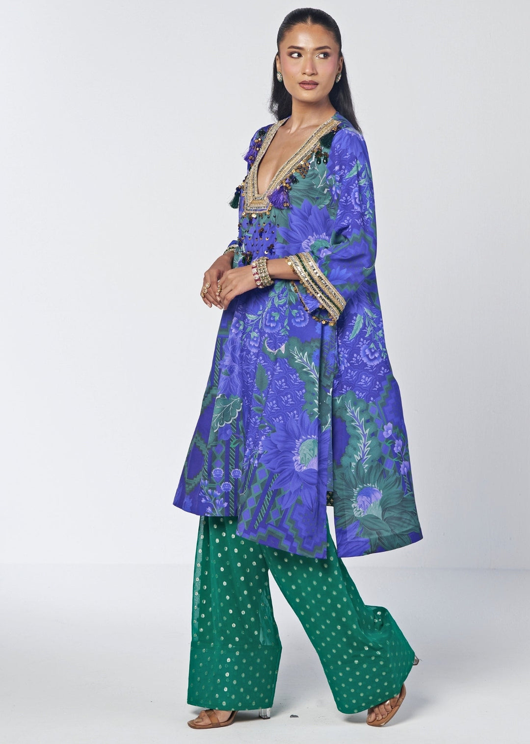 Rishi and Vibhuti Blue And Rama Green Crepe Kurta Farshi Salwar SetFabilicious Fashion