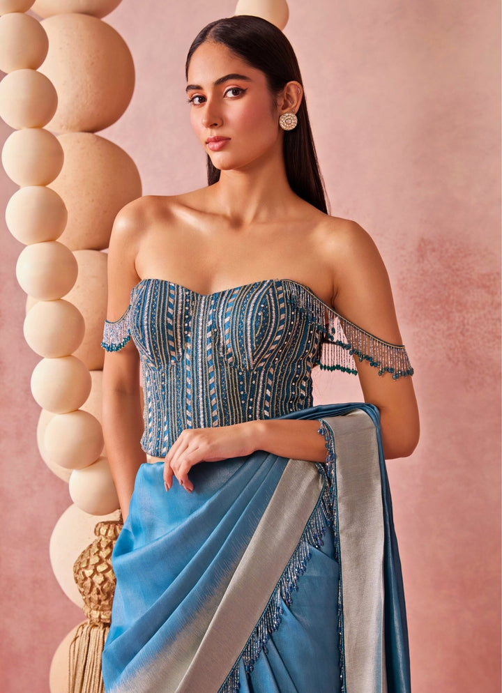 Chamee And Palak Blue And Silver Ombre Shimmer Tissue Pre-Draped Saree With CorsetFabilicious Fashion