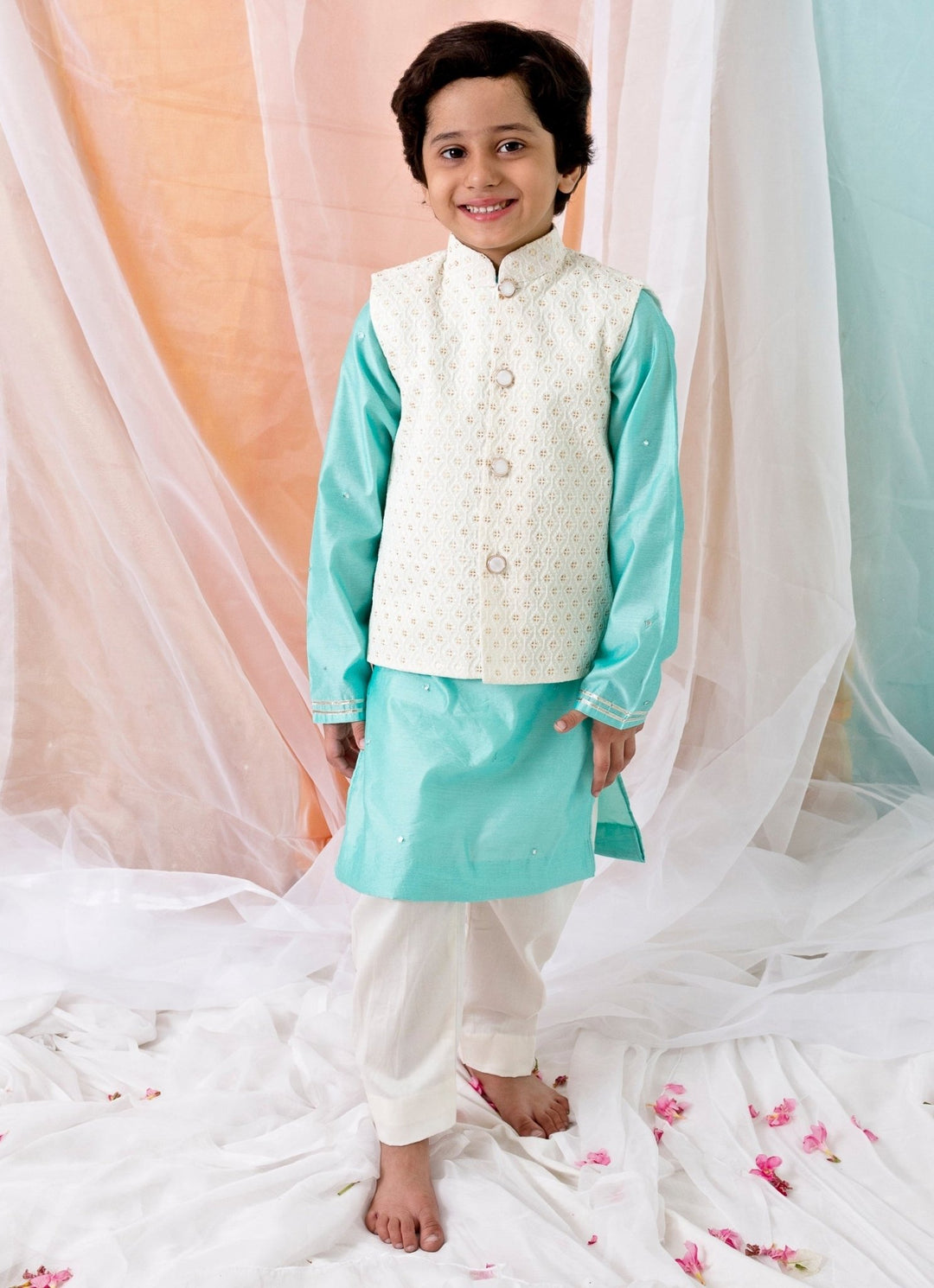 Chotibuti Blue And White Chanderi Kurta Bundi SetFabilicious Fashion