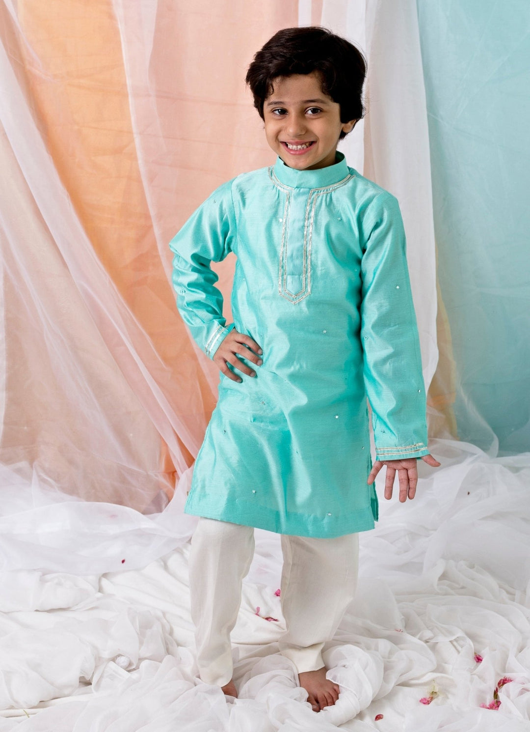 Chotibuti Blue And White Chanderi Kurta Bundi SetFabilicious Fashion