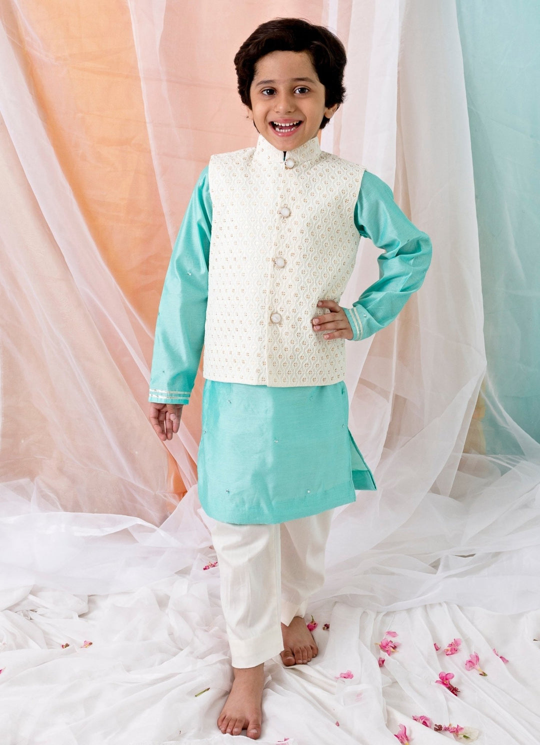 Blue And White Chanderi Kurta Bundi Set Chotibuti - Fabilicious Fashion