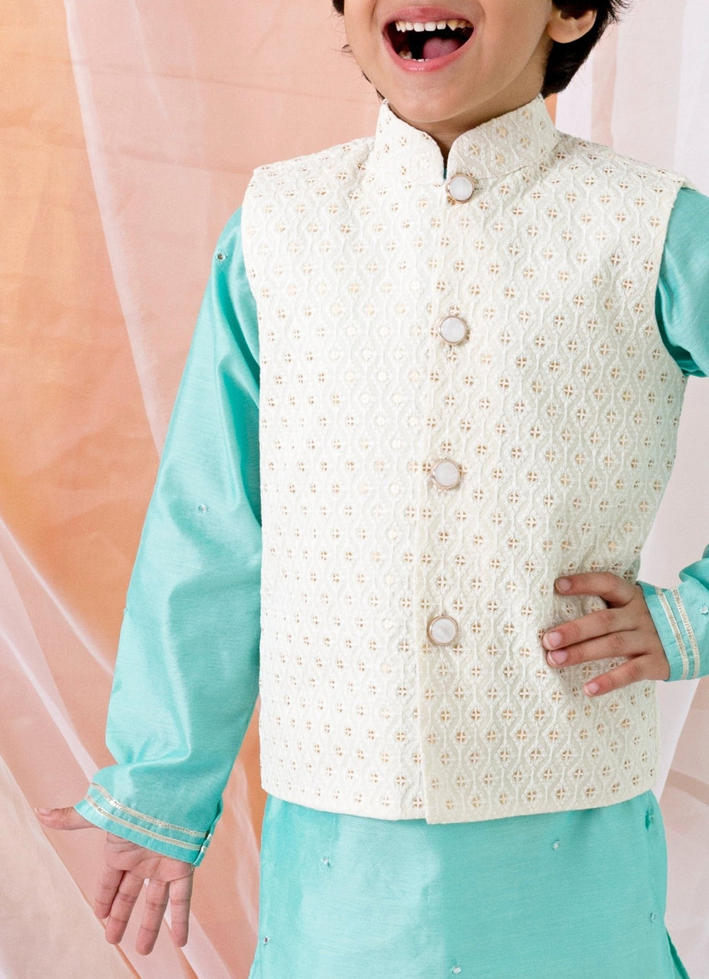 Blue And White Chanderi Kurta Bundi Set Chotibuti - Fabilicious Fashion