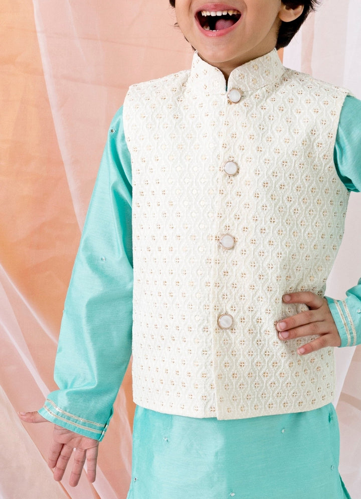 Chotibuti Blue And White Chanderi Kurta Bundi SetFabilicious Fashion