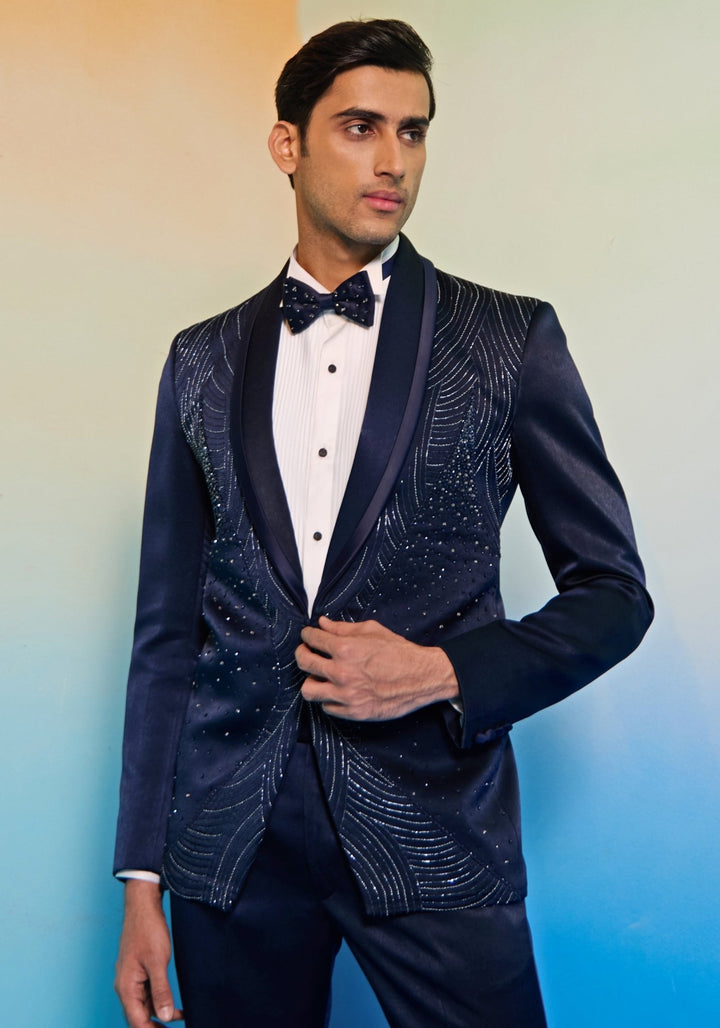 Blue And White Embroidered Tuxedo Set Contrast by Parth - Fabilicious Fashion