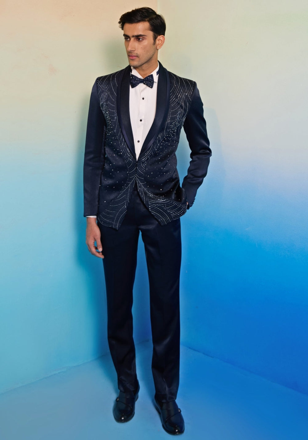 Blue And White Embroidered Tuxedo Set Contrast by Parth - Fabilicious Fashion