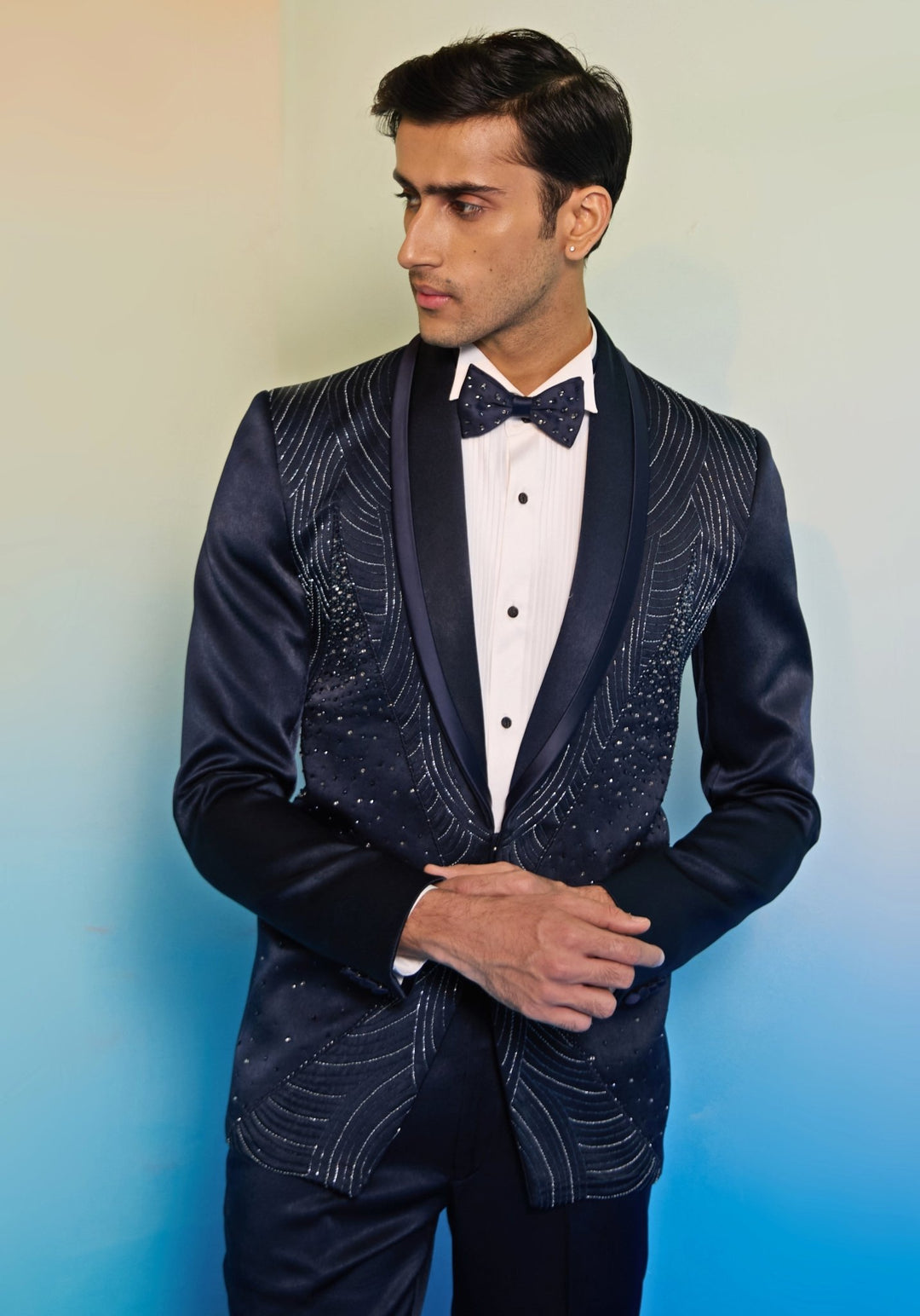 Blue And White Embroidered Tuxedo Set Contrast by Parth - Fabilicious Fashion