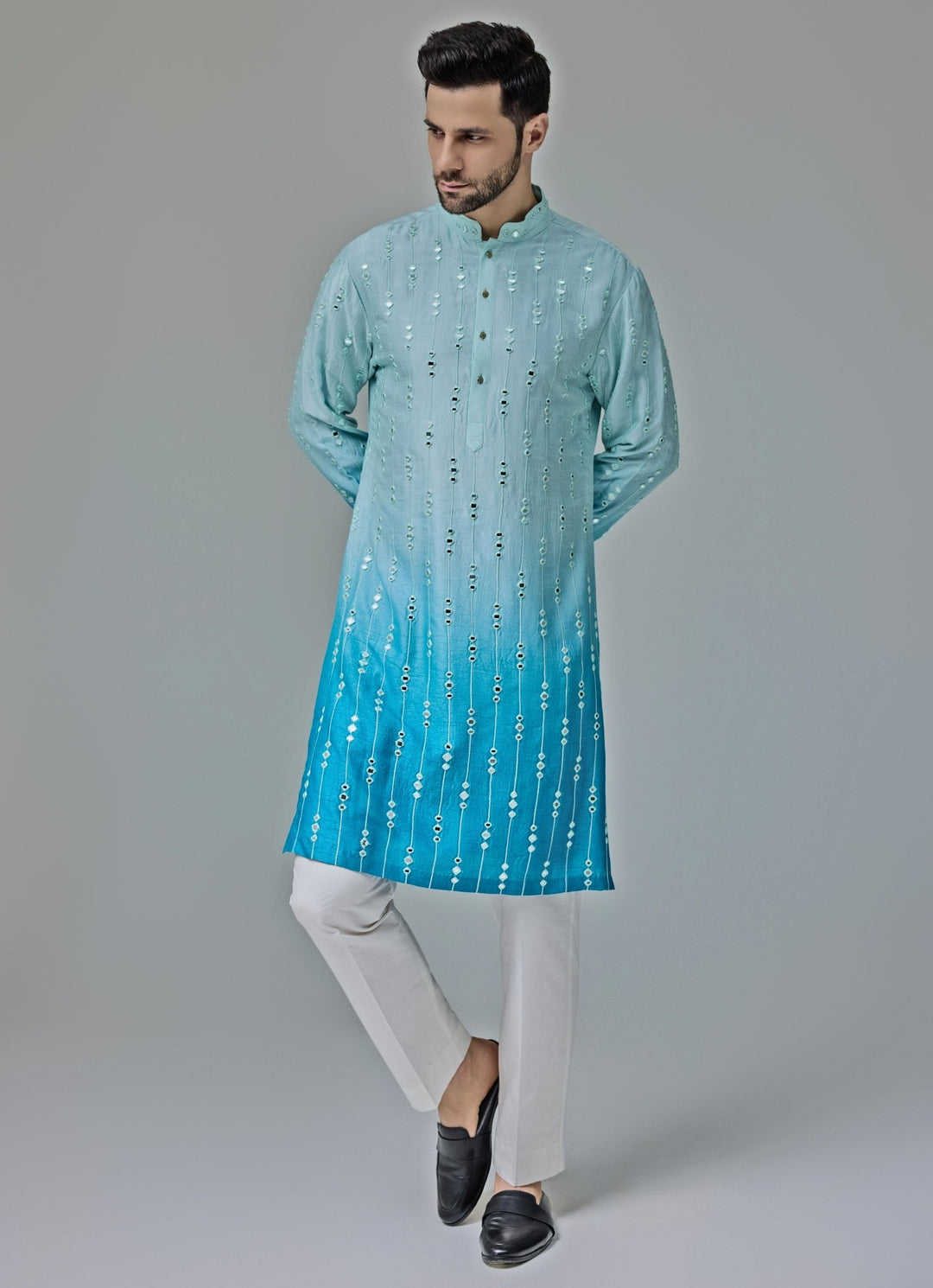 Blue And White Ombre Mirror Embroidery Kurta Set Chatenya Mittal - Fabilicious Fashion