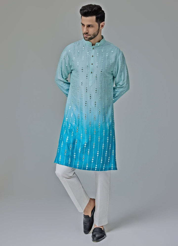 Blue And White Ombre Mirror Embroidery Kurta Set Chatenya Mittal - Fabilicious Fashion