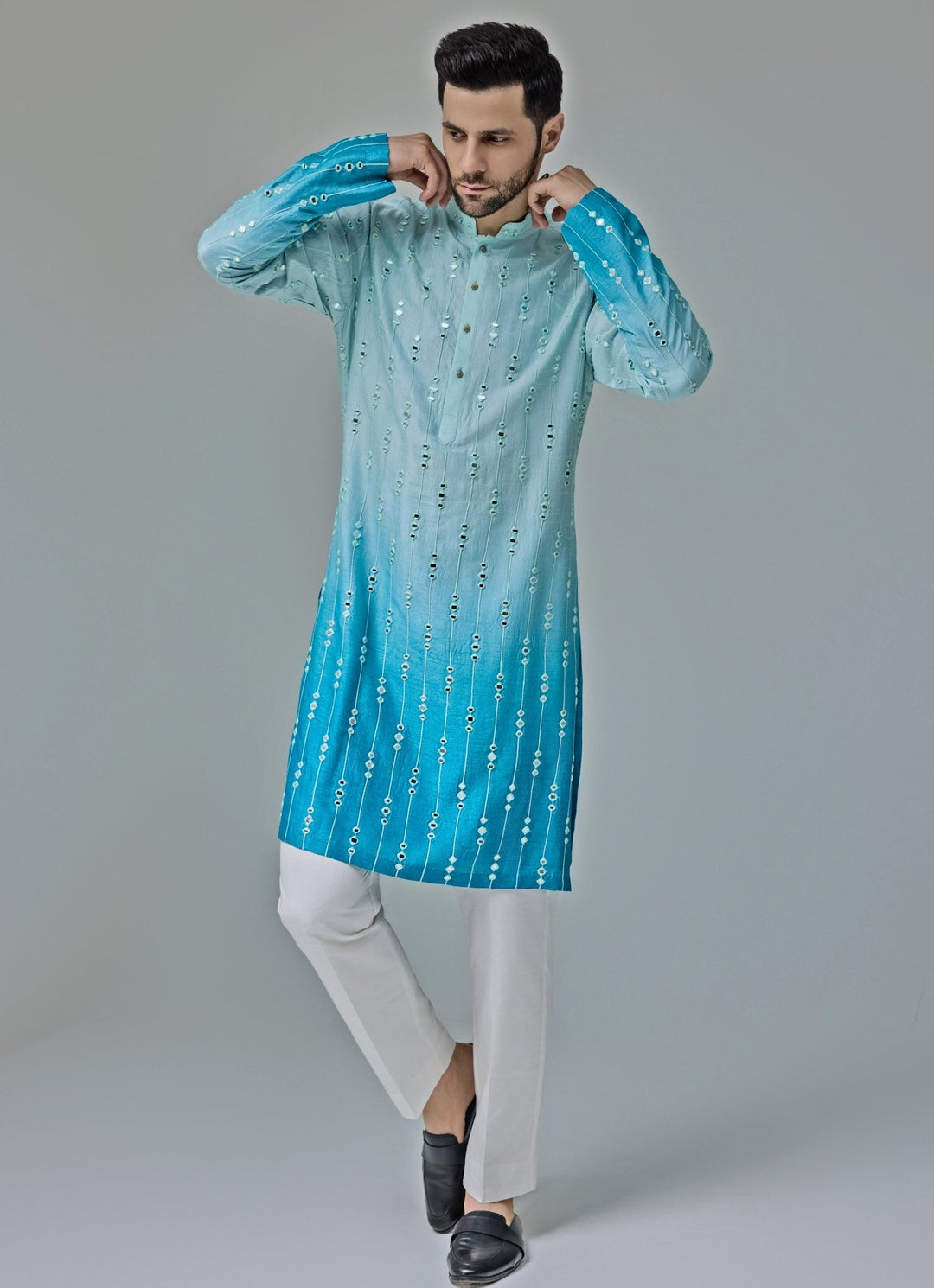 Blue And White Ombre Mirror Embroidery Kurta Set Chatenya Mittal - Fabilicious Fashion