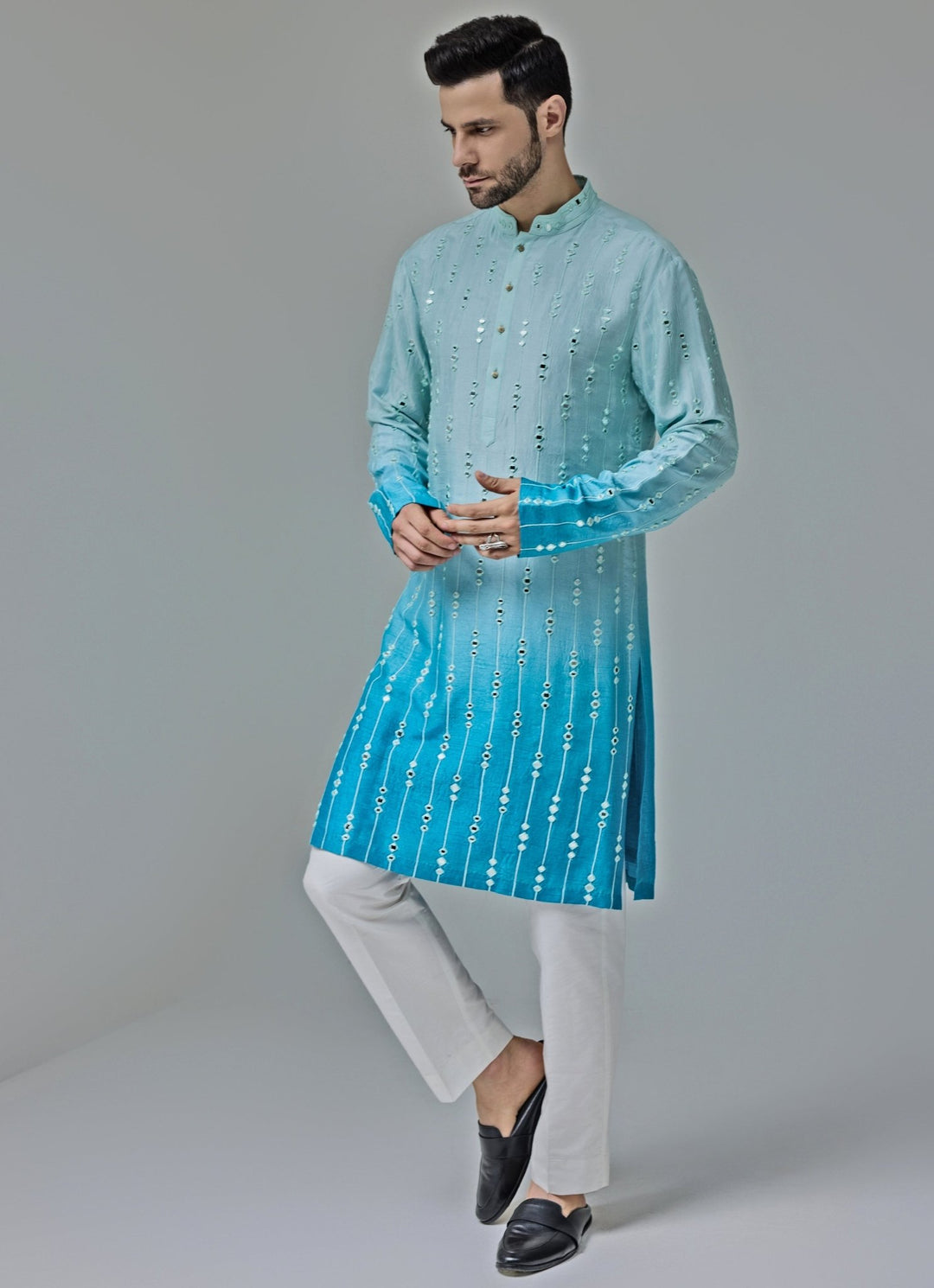 Blue And White Ombre Mirror Embroidery Kurta Set Chatenya Mittal - Fabilicious Fashion