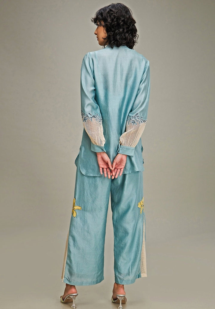 Blue Applique And Floral Embroidery Linen Jacket And Pant Set Soup By Sougat Paul - Fabilicious Fashion