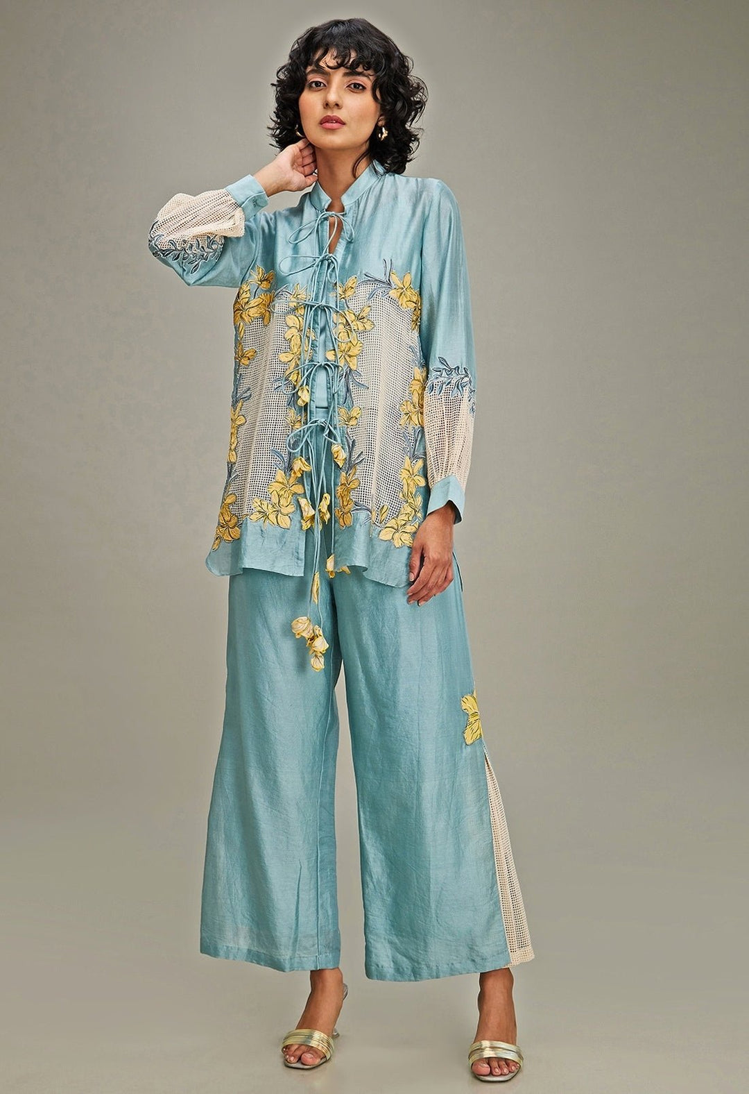 Blue Applique And Floral Embroidery Linen Jacket And Pant Set Soup By Sougat Paul - Fabilicious Fashion