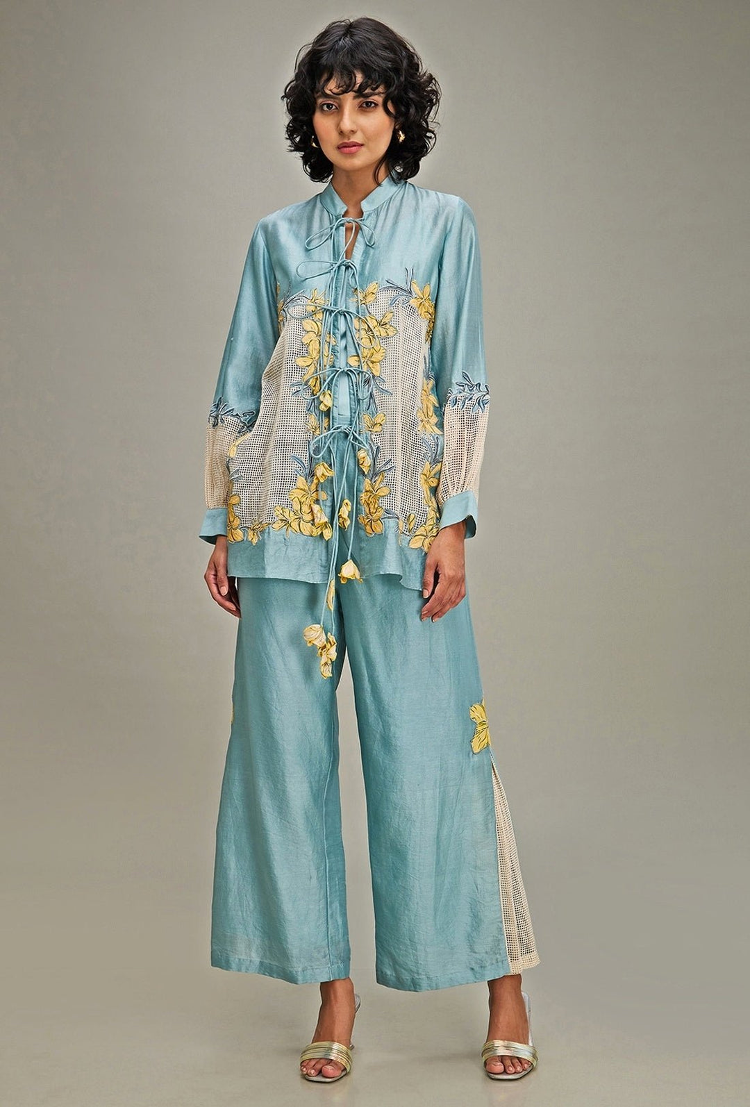 Blue Applique And Floral Embroidery Linen Jacket And Pant Set Soup By Sougat Paul - Fabilicious Fashion