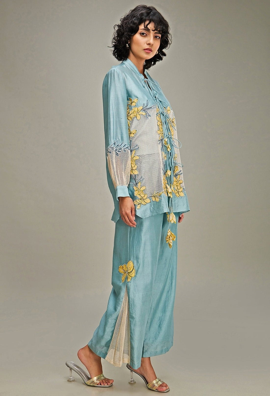 Blue Applique And Floral Embroidery Linen Jacket And Pant Set Soup By Sougat Paul - Fabilicious Fashion