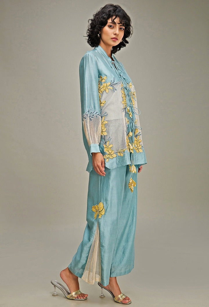 Blue Applique And Floral Embroidery Linen Jacket And Pant Set Soup By Sougat Paul - Fabilicious Fashion