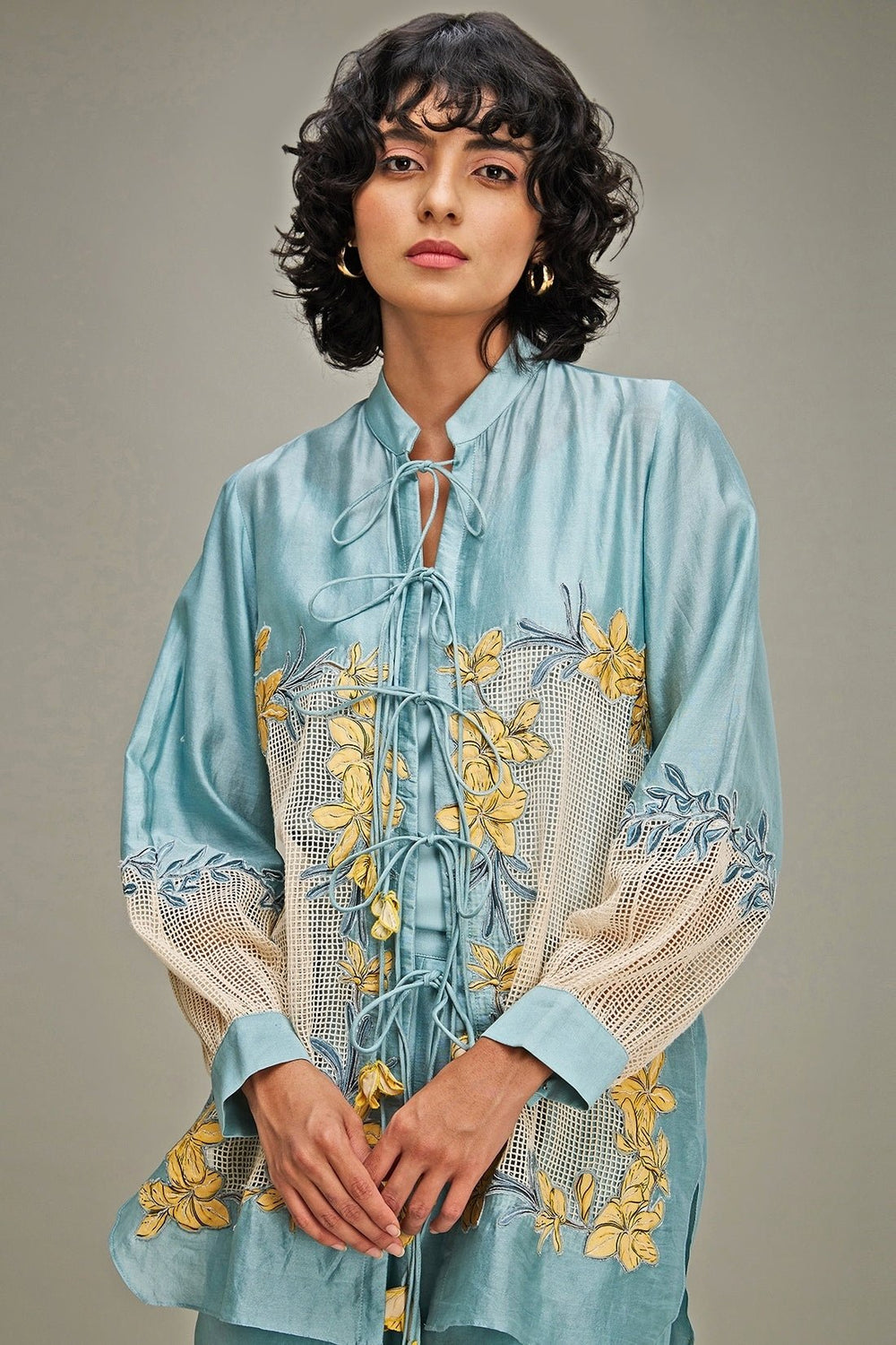Blue Applique And Floral Embroidery Linen Jacket And Pant Set Soup By Sougat Paul - Fabilicious Fashion