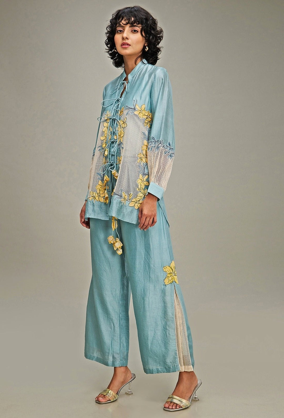 Blue Applique And Floral Embroidery Linen Jacket And Pant Set Soup By Sougat Paul - Fabilicious Fashion