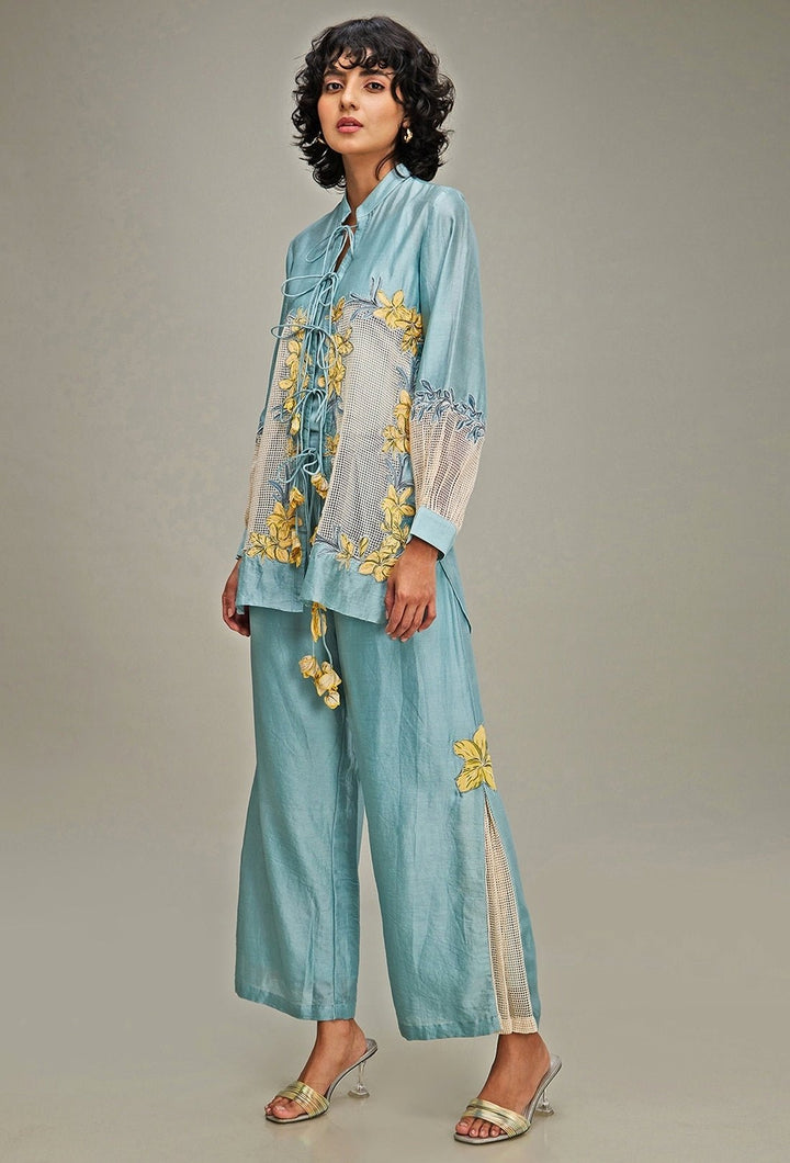 Blue Applique And Floral Embroidery Linen Jacket And Pant Set Soup By Sougat Paul - Fabilicious Fashion