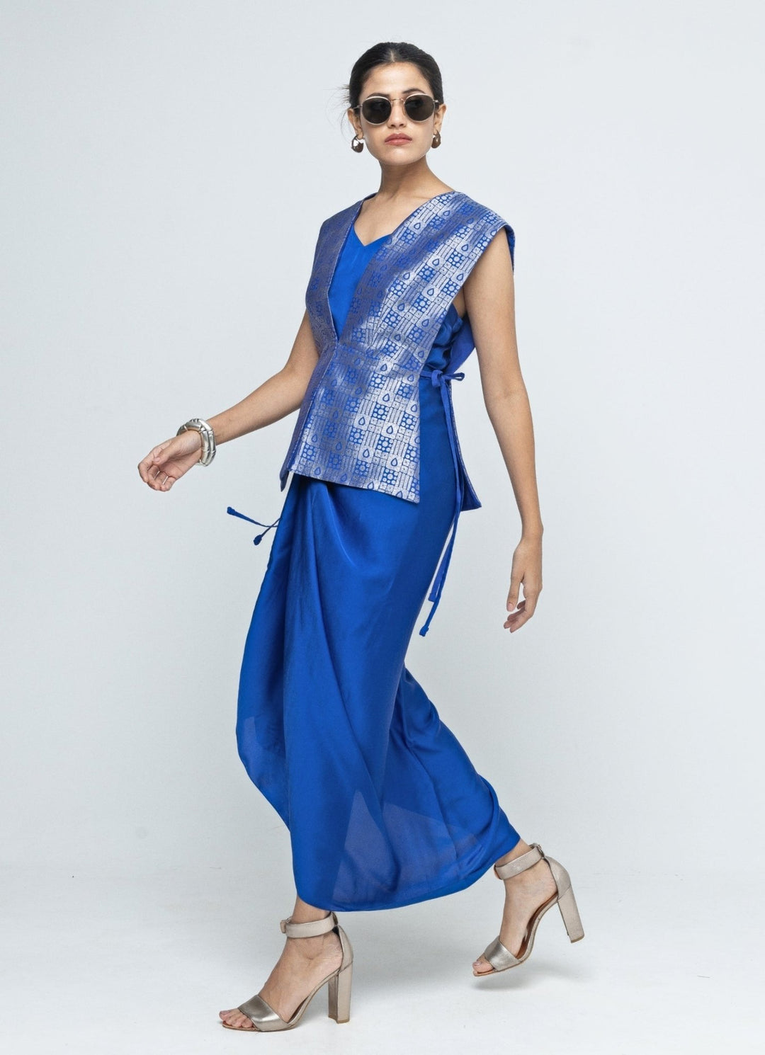 Blue Asymmetric Dress With Brocade Silk Gilet Sobariko - Fabilicious Fashion