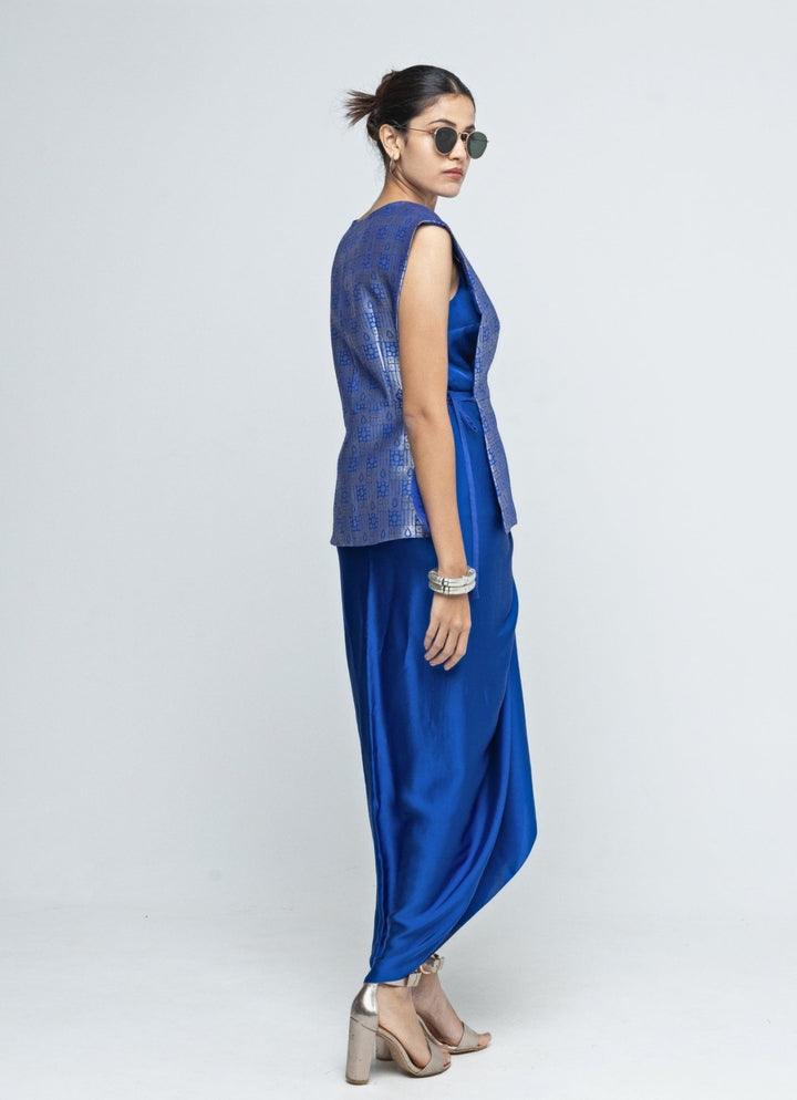 Blue Asymmetric Dress With Brocade Silk Gilet Sobariko - Fabilicious Fashion