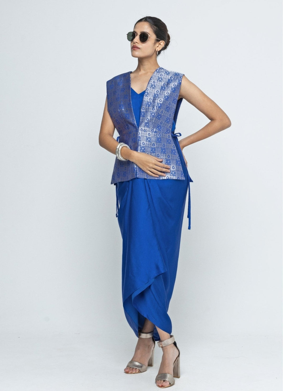 Blue Asymmetric Dress With Brocade Silk Gilet Sobariko - Fabilicious Fashion