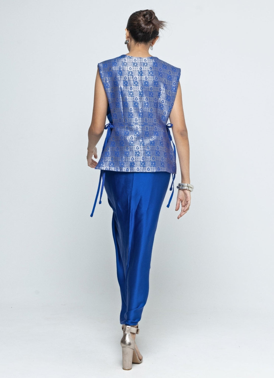Blue Asymmetric Dress With Brocade Silk Gilet Sobariko - Fabilicious Fashion