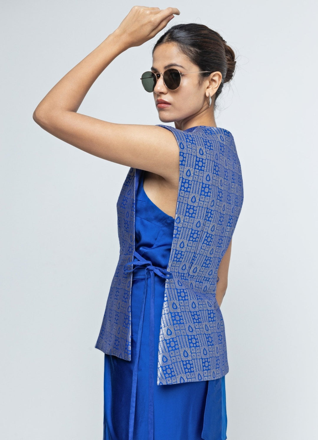 Blue Asymmetric Dress With Brocade Silk Gilet Sobariko - Fabilicious Fashion