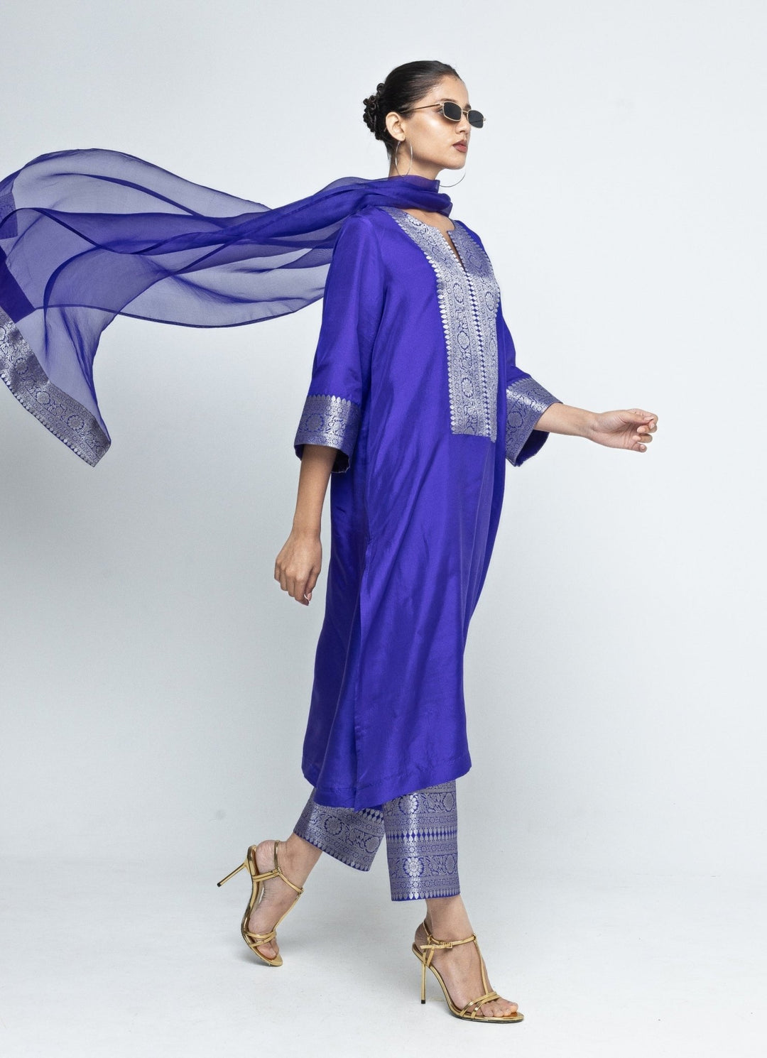 Blue Banarasi Silk Kurta Pants Set Sobariko - Fabilicious Fashion