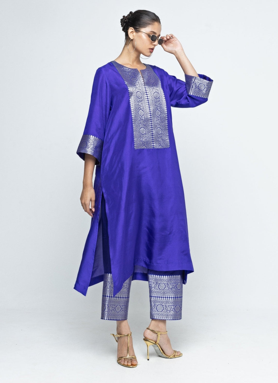 Blue Banarasi Silk Kurta Pants Set Sobariko - Fabilicious Fashion