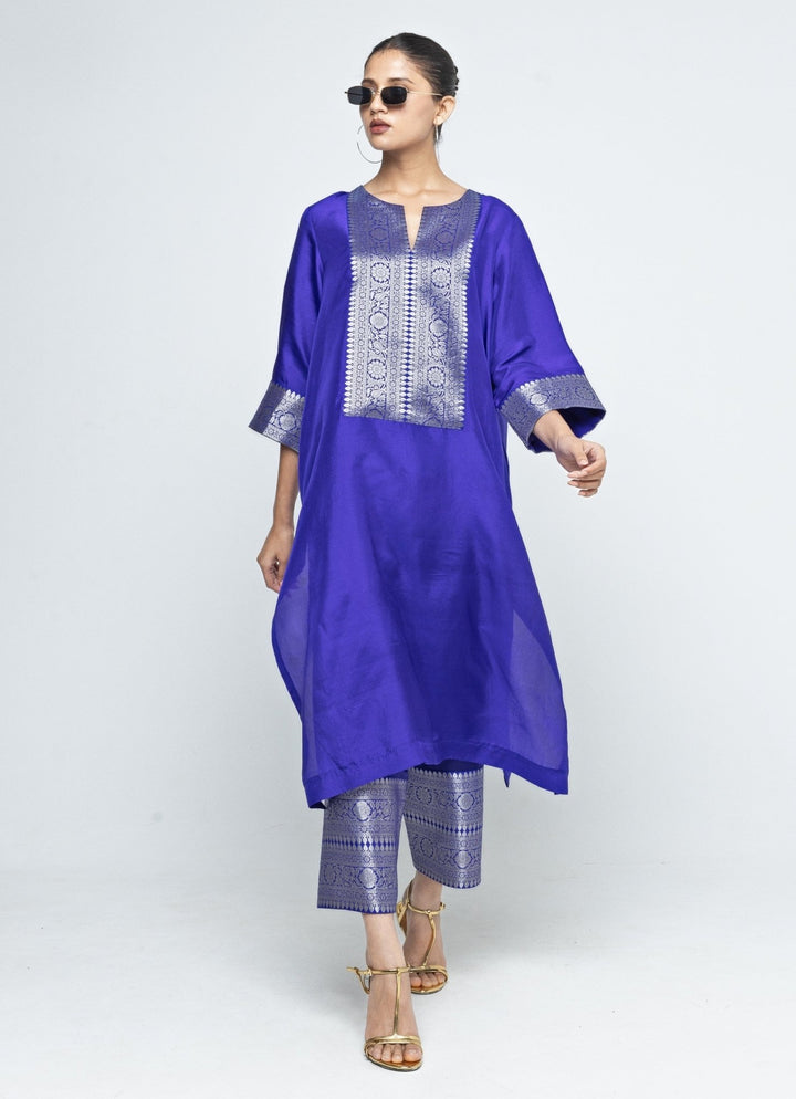 Blue Banarasi Silk Kurta Pants Set Sobariko - Fabilicious Fashion