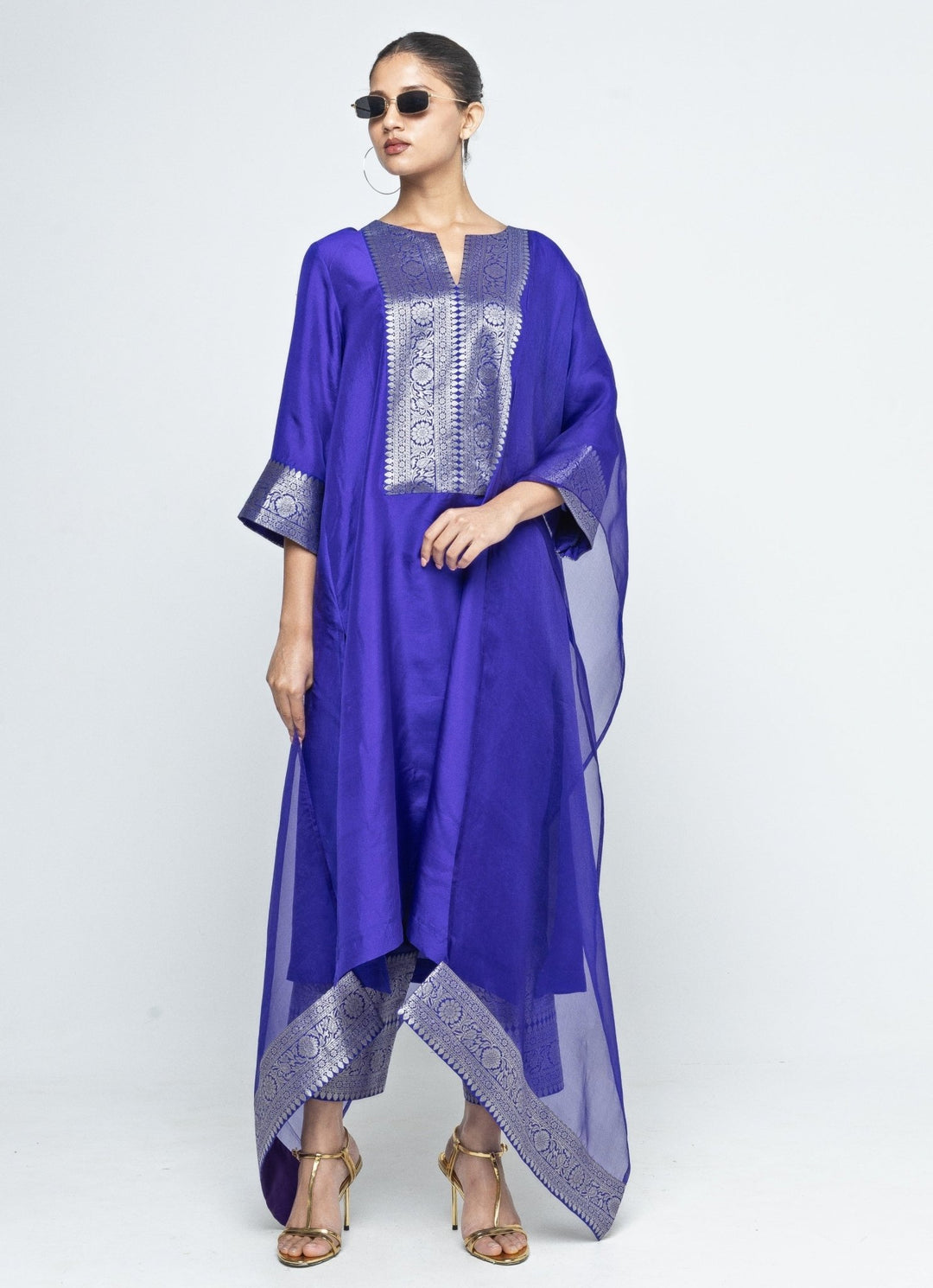 Blue Banarasi Silk Kurta Pants Set Sobariko - Fabilicious Fashion