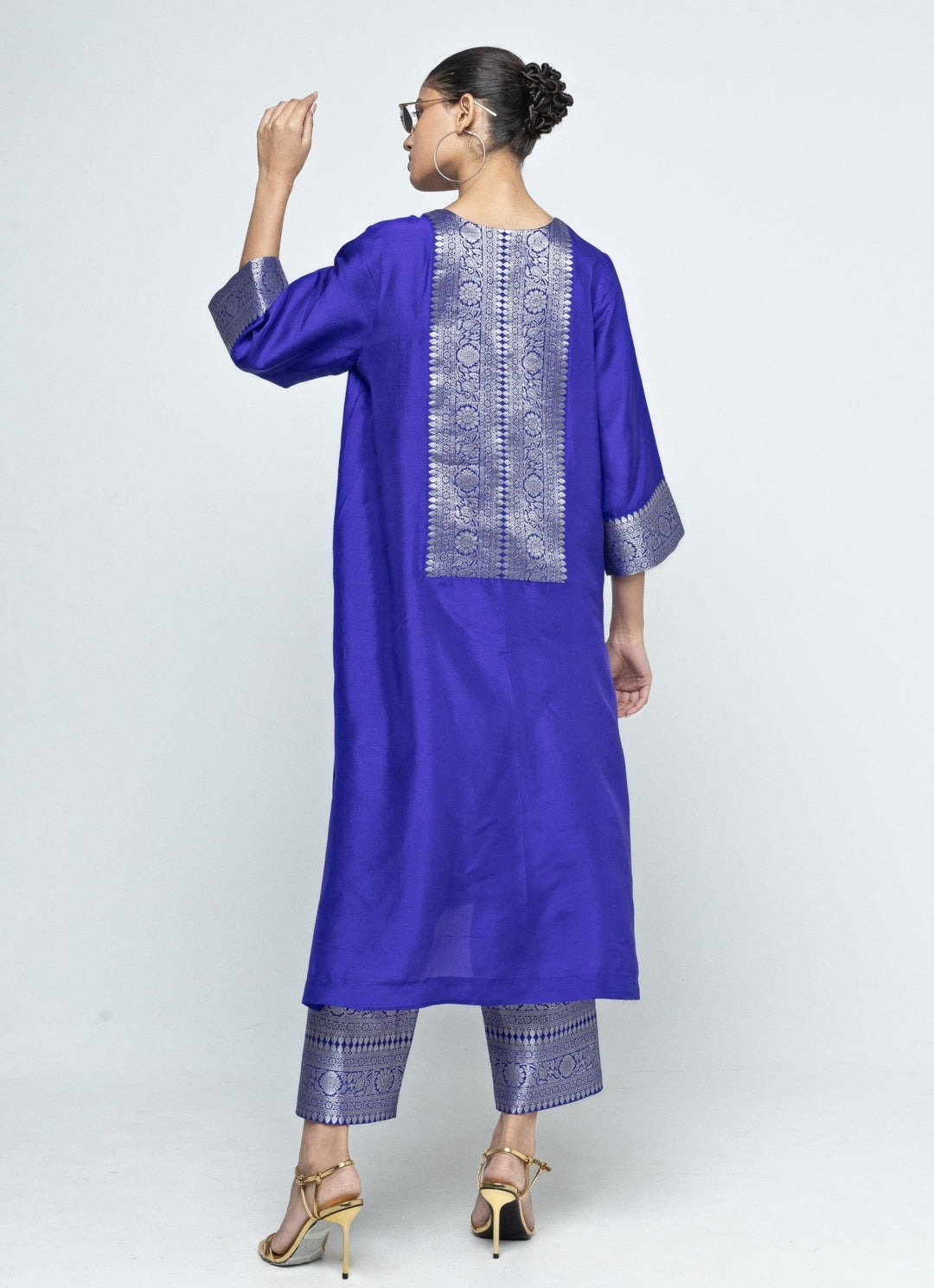 Blue Banarasi Silk Kurta Pants Set Sobariko - Fabilicious Fashion