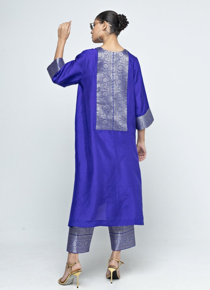 Blue Banarasi Silk Kurta Pants Set Sobariko - Fabilicious Fashion
