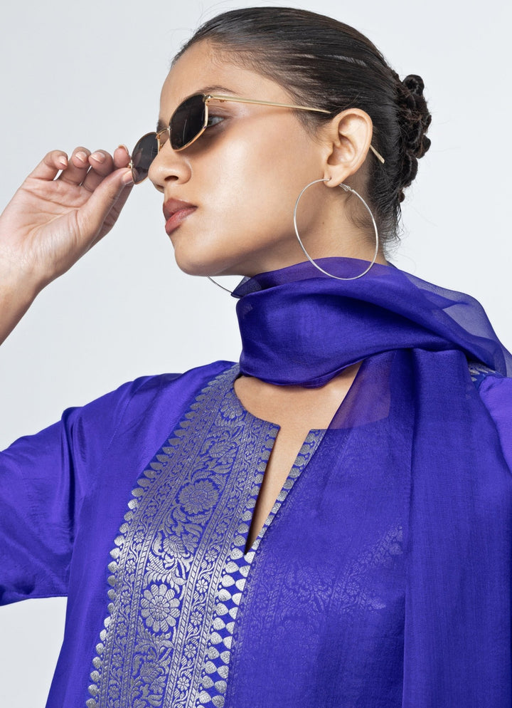 Blue Banarasi Silk Kurta Pants Set Sobariko - Fabilicious Fashion