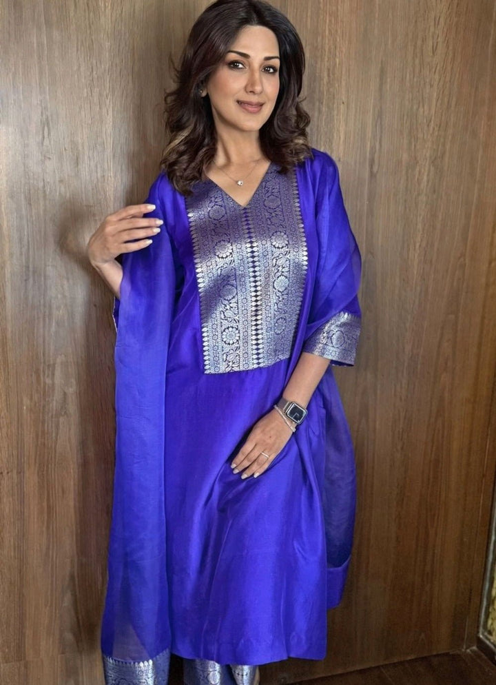 Blue Banarasi Silk Kurta Pants Set Sobariko - Fabilicious Fashion