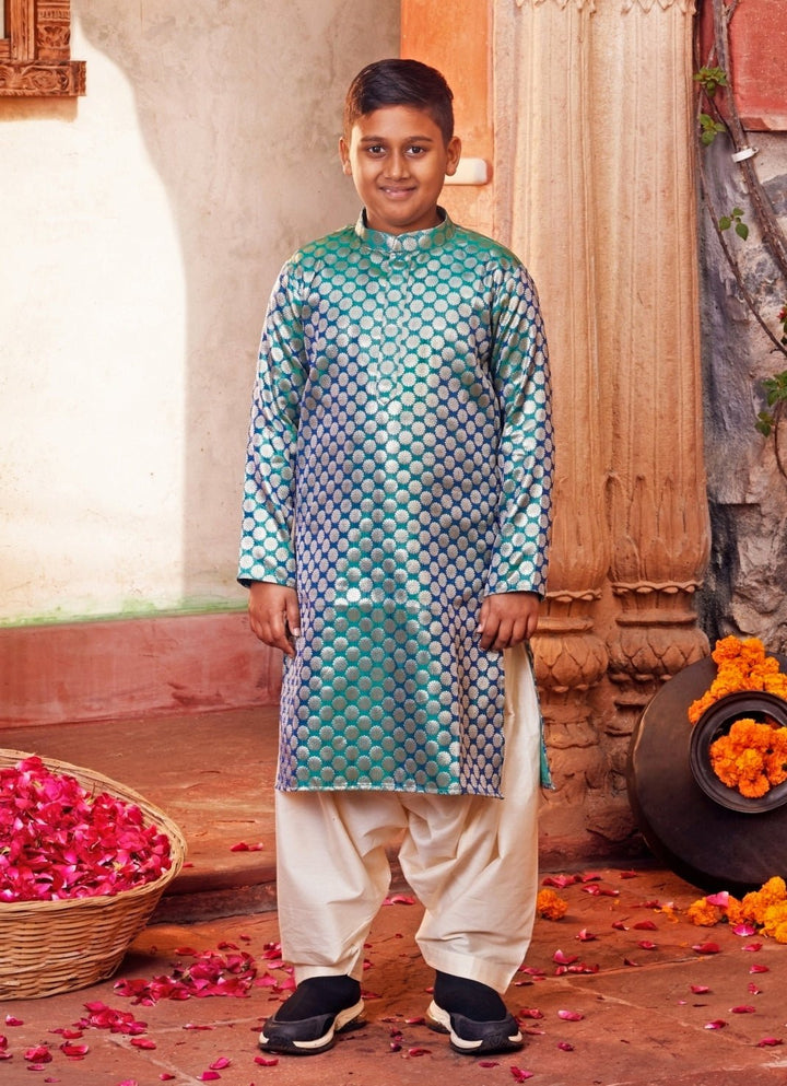 Blue Banarasi Silk Kurta With White Pants Chotibuti - Fabilicious Fashion