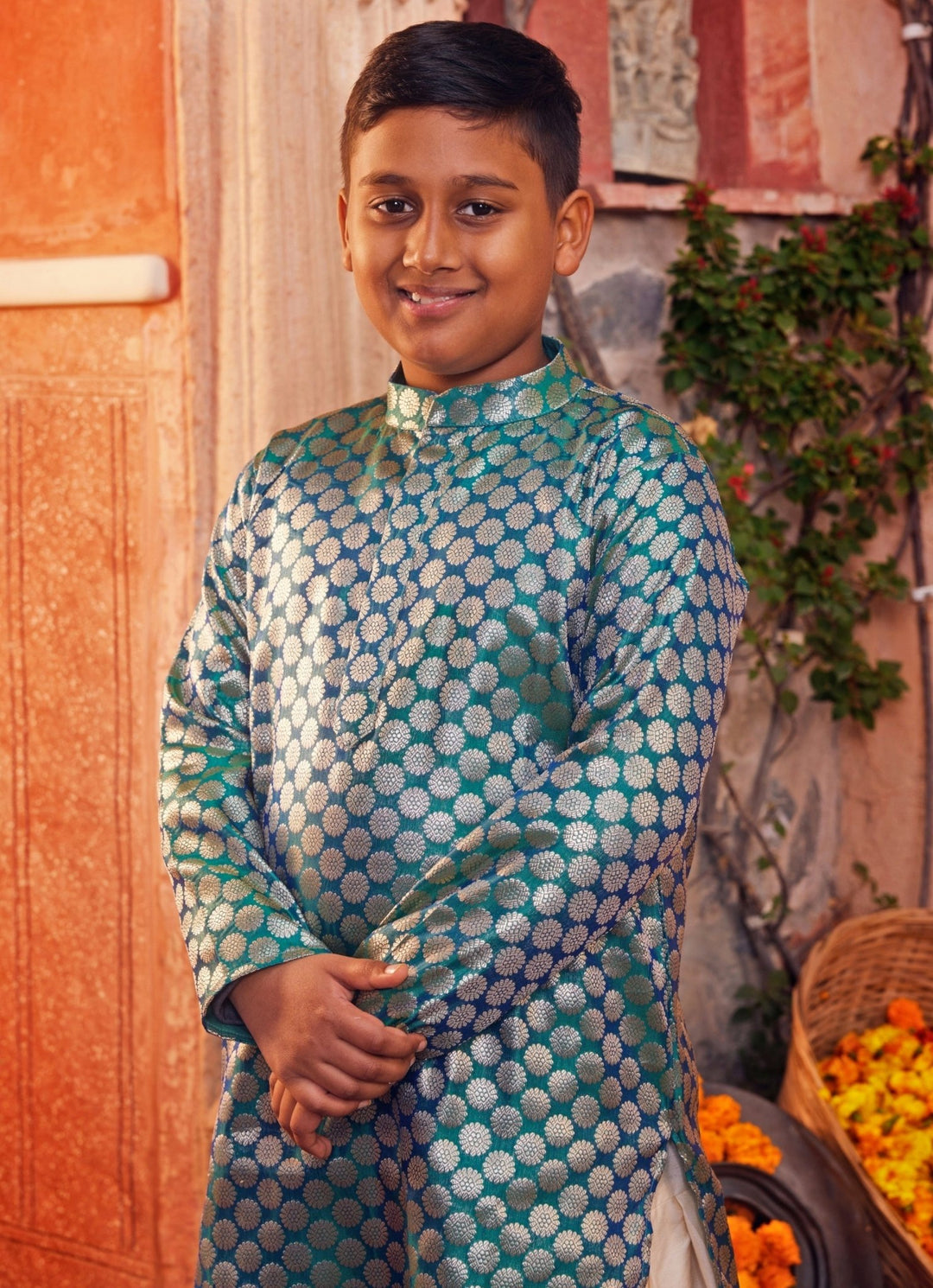 Blue Banarasi Silk Kurta With White Pants Chotibuti - Fabilicious Fashion