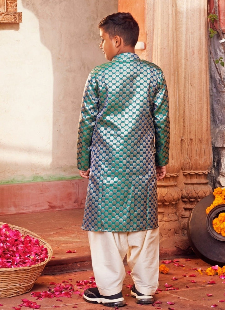 Blue Banarasi Silk Kurta With White Pants Chotibuti - Fabilicious Fashion