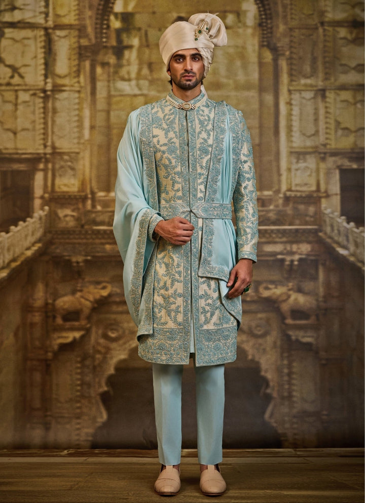 Blue Brocade Sherwani Set Nitika Gujral - Men - Fabilicious Fashion